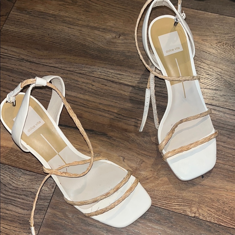 Dolce Vita Strappy White and Tan Sandals